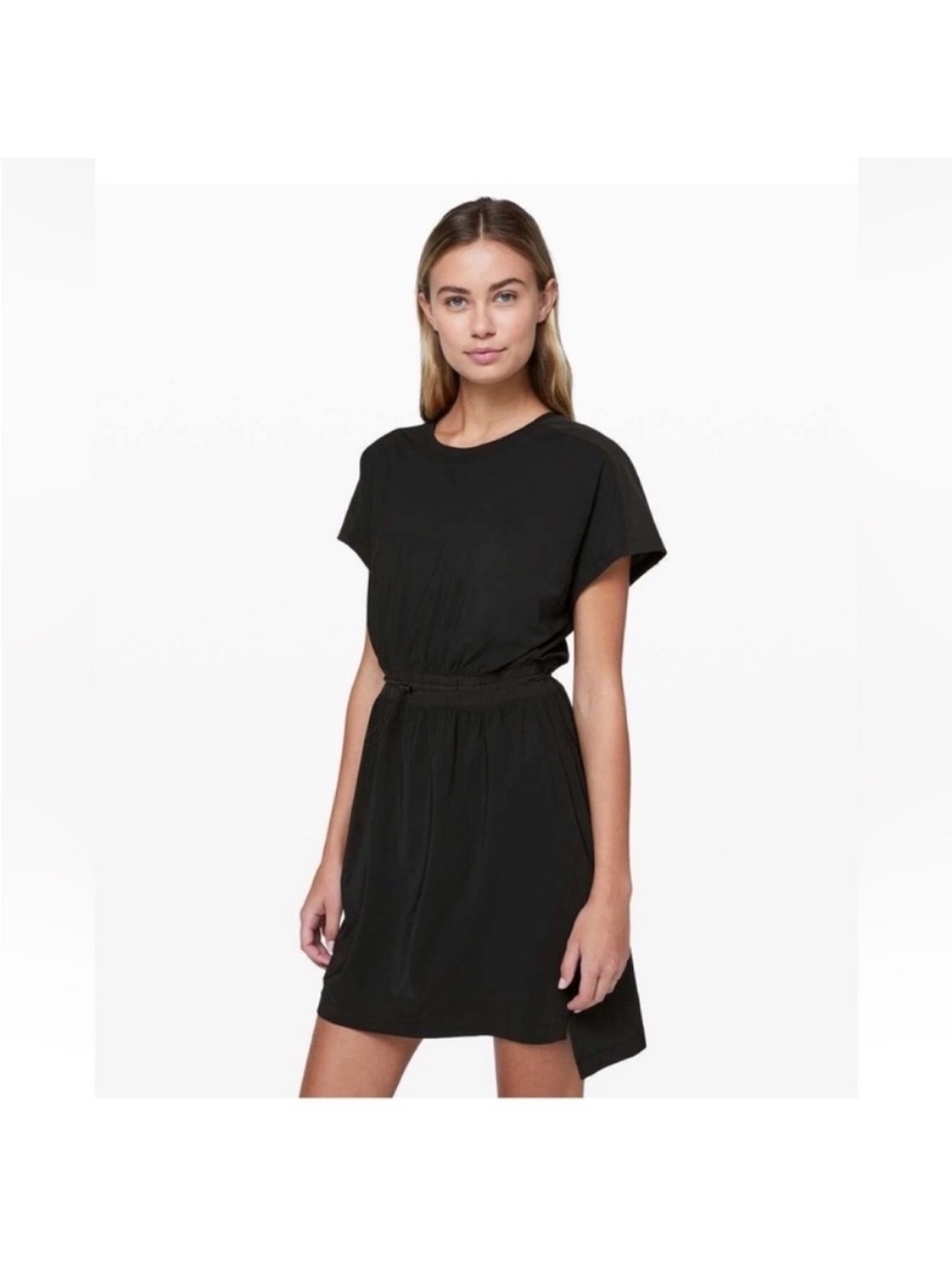 lululemon athletica Black Short Sleeve Cinch-Waist Midi Dress